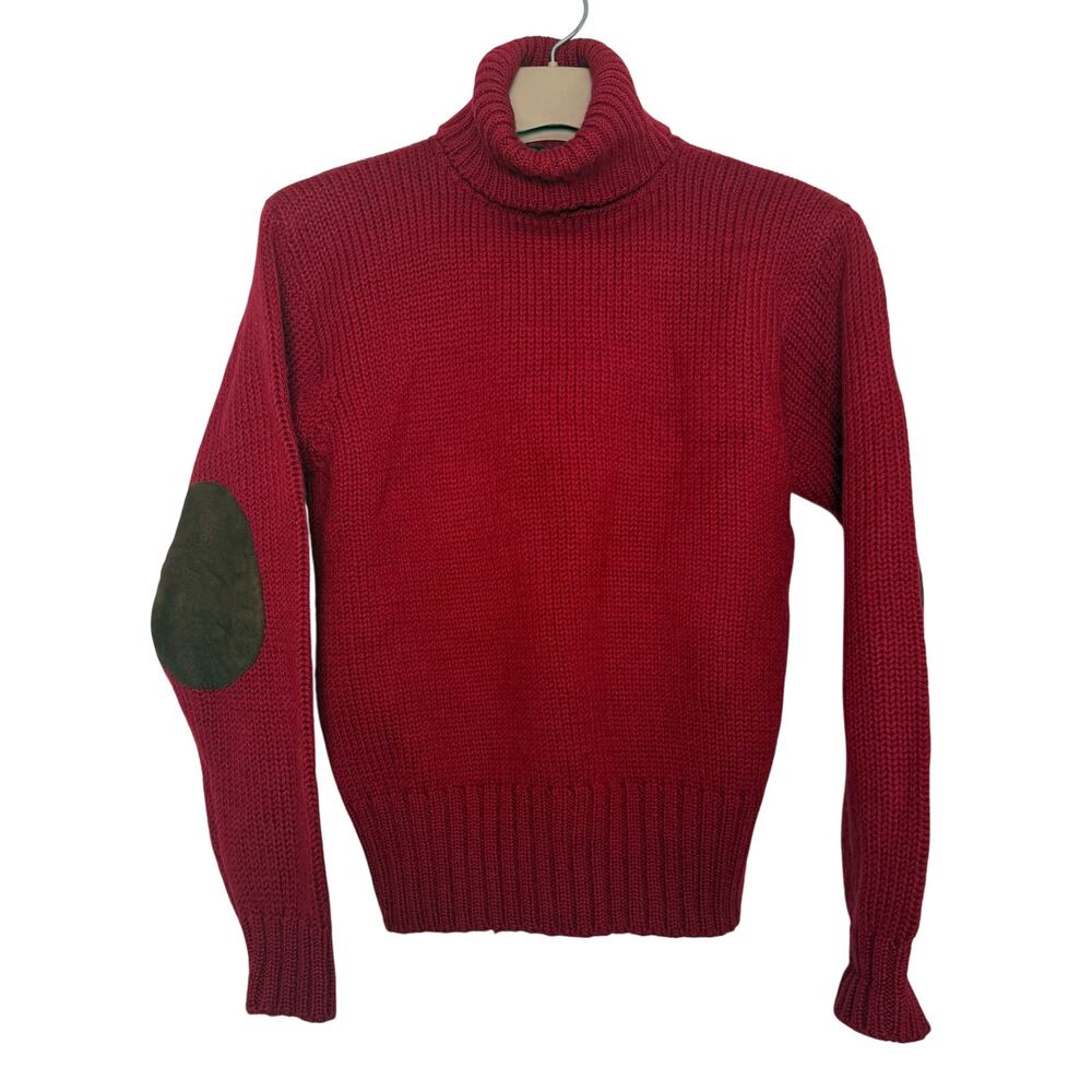 J. Crew Sweater Turtleneck Womens LARGE Red Elbow Patches 100% WOOL Ribbed